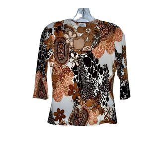 Women's  Aria Scoop Neck Floral 70's Vide 3/4 Sleeve Stretch Top S